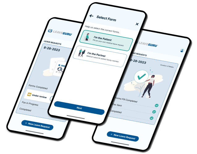 Three mobile screens: Leave Requests list, Select Form (patient/partner), and completed request with status