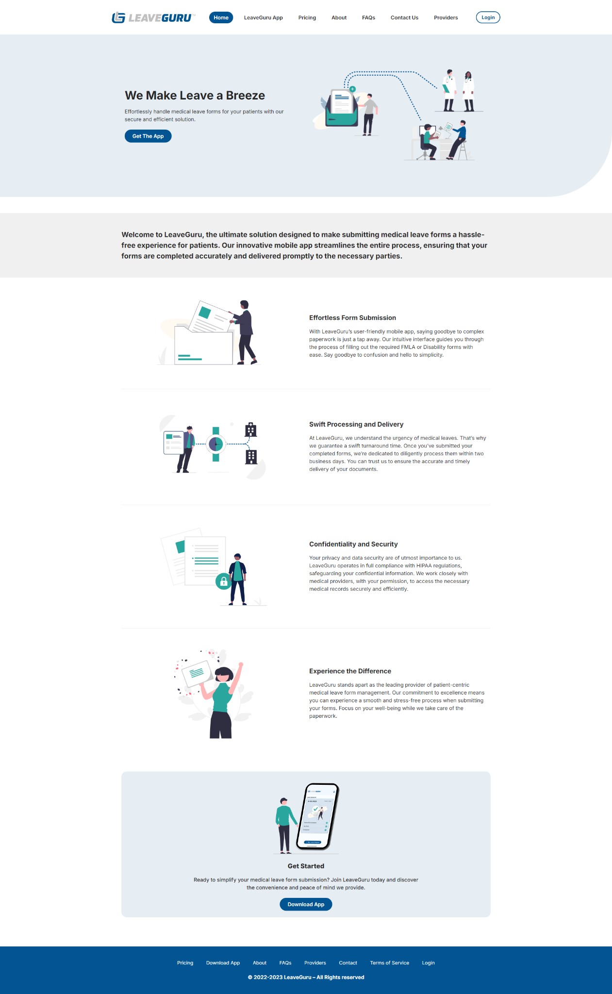 Full Leave Guru website: hero, features, Get Started, and footer